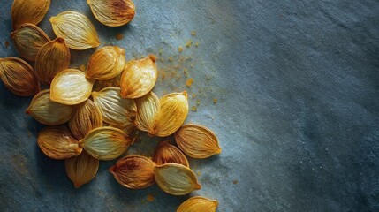 Golden roasted onion petals scattered on rough dark stone background with crumbs of sea salt and caramelized juices, abstract gourmet cooking concept