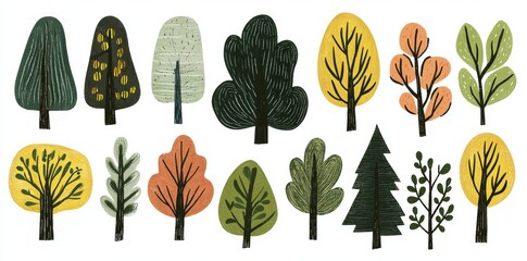 Isolated artwork of vibrant autumn trees and bushes.