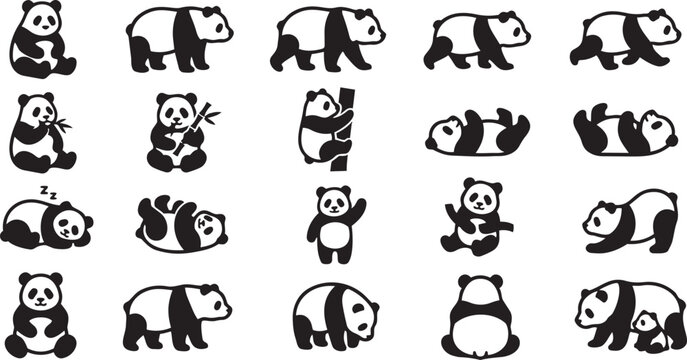 Collection of various cartoon panda bear icons in different poses and actions, perfect for graphics and illustrations