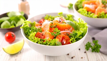 Fresh and Colorful Salad Bowl with Tomatoes and Lettuce on a White Table.