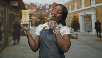 Woman in apron holds a white chocolate bar with gloved hand and touches her face while smiling on a cobbled street lined with brick storefronts; sweet satisfaction.