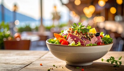 Fresh and colorful salad in a bowl on a wooden table with a blurred background.