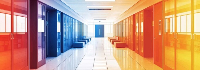Contemporary university lobby with colorful furniture and an entrance.