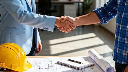 Professional handshake between engineer and business partner over blueprints with yellow helmet symbolizing construction agreement and collaboration