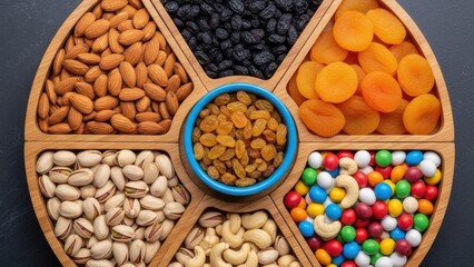 Assorted snacks including nuts and dried fruits on wooden tray
