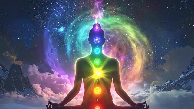 Meditating figure with chakra points against a cosmic nebula background, promoting inner peace.