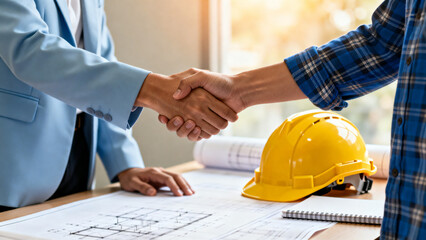 Professional handshake between engineer and business partner over blueprints with yellow helmet symbolizing construction agreement and collaboration