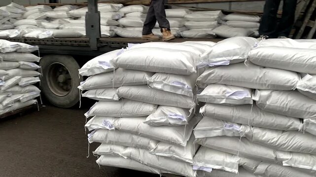 Forklift unloading pallet of sacks from truck.