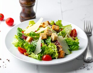 Fresh and Delicious Caesar Salad with Parmesan Cheese and Croutons on a White Plate.