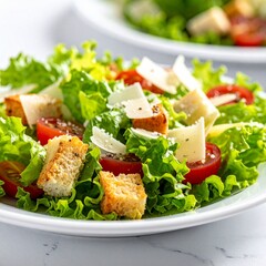 Fresh and Delicious Caesar Salad with Croutons, Tomatoes, and Parmesan Cheese.