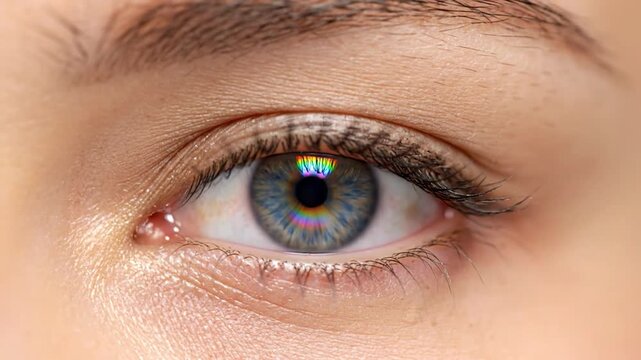 Close-up of a human eye with a rainbow reflection