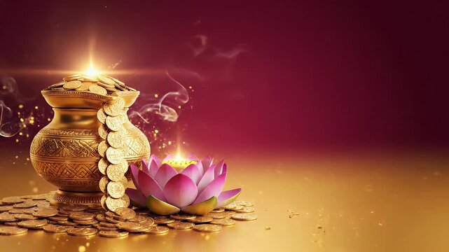 Maha Lakshmi Vrat Festival Banner. Luxury Golden and Crimson Gradient Background with Sacred Kalash, Lotus, and Gold Coins representing Prosperity