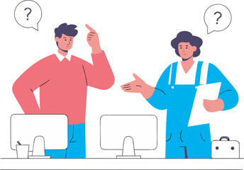Workplace Communication Problem Concept with Confused Employees Discussing Issues Flat Vector Illustration