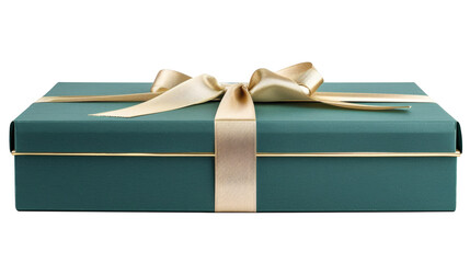 Green gift box with gold ribbon isolated on white background