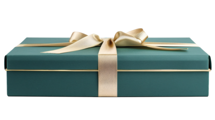 Green gift box with gold ribbon isolated on white background