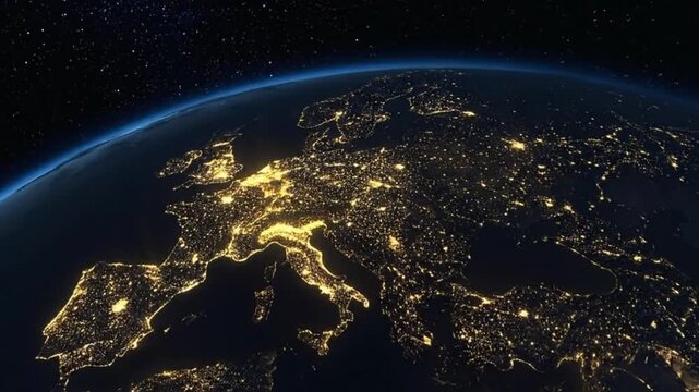 Europe at night from space, showing city lights and the curvature of the Earth.