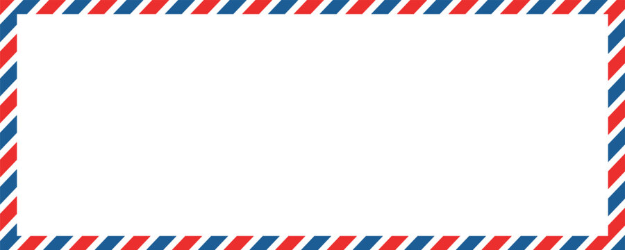 Airmail envelope frame with blue and red stripes on white background. International vintage letter border. Retro air mail postcard. Blank envelope.