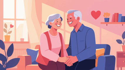 Obraz premium Illustration Of Mature Couple Smiling And Holding Hands At Home, Warm Natural Light, Valentine’s Day Lifestyle Concept Vector Design Template