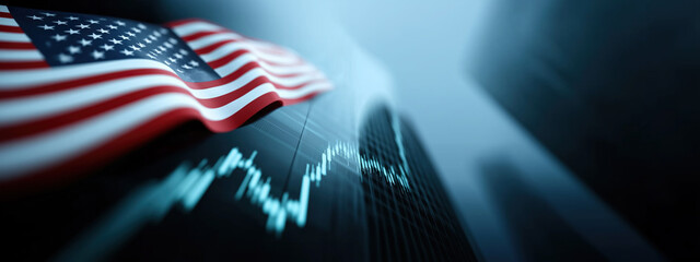 US flag waves over financial chart and skyscrapers, representing market dynamics.
