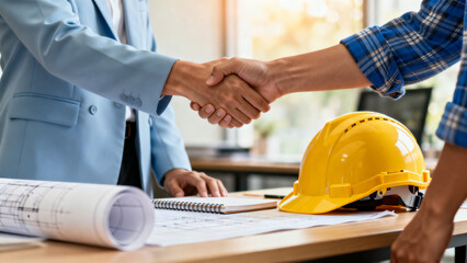 Professional handshake between engineer and business partner over blueprints with yellow helmet symbolizing construction agreement and collaboration