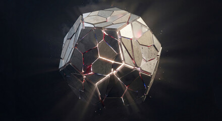 Abstract Fragmented Geometric Stone Sphere, Glowing Light Shards, Global Geopolitical Division Power, Broken Concrete World Core, International Relations Conflict, Tectonic National Security Backgroun