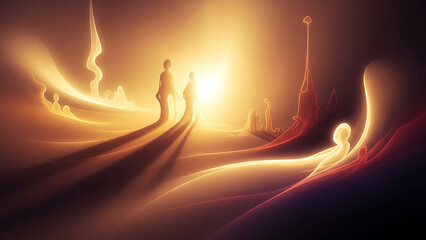 Mystical beings emerge from glowing ethereal landscape bathed in golden light
