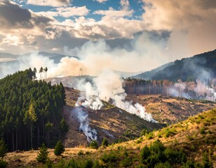 A landscape featuring rolling hills and forests, with patches of smoke billowing into the sky, suggesting controlled burns