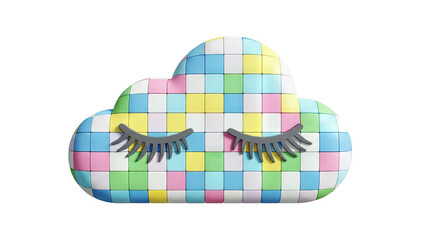 3D Rendered Cloud with Closed Eyes and Pastel Grid Pattern