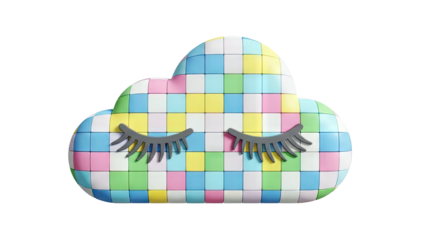 3D Rendered Cloud with Closed Eyes and Pastel Grid Pattern