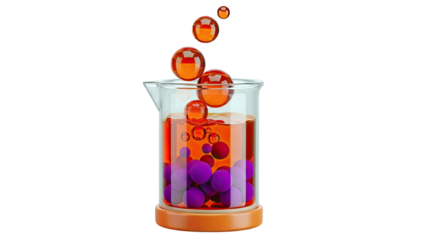 Beaker with Orange Liquid, Purple Spheres, and Orange Bubbles