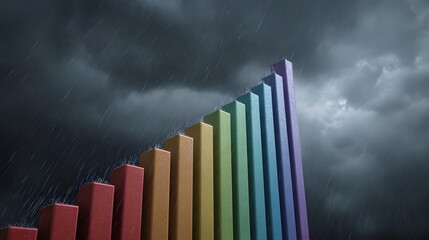 A colorful bar graph ascends steeply against a dark rainy and stormy sky symbolizing progress amidst challenges