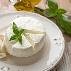 Fresh creamy cheese wheel with basil leaves on a white plate, delicious food concept.