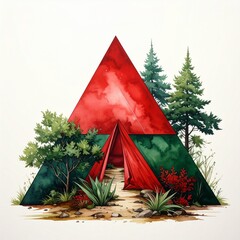 Geometric Red Tent Amidst Lush Greenery - A Watercolor Landscape Illustration.