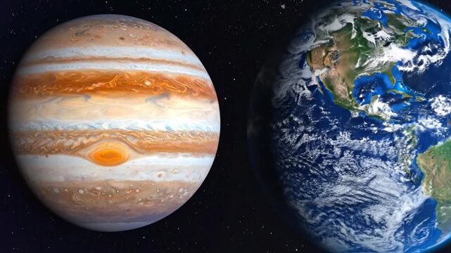 Comparison of Jupiter and Earth, showcasing the size difference between the two planets.