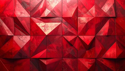 Geometric Red Wall Texture - Abstract Pattern of Triangles and Shadows.