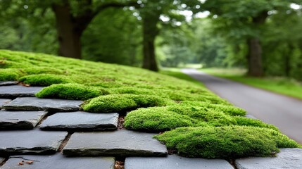 Moss grows on stones along a pathway in a shaded forest during daylight hours in a natural setting