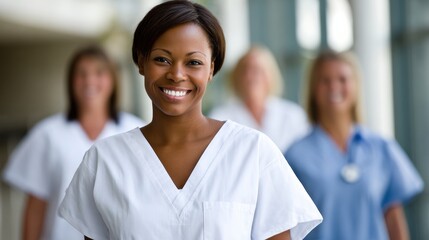 Medical staff members work together in a healthcare facility during a busy afternoon shift