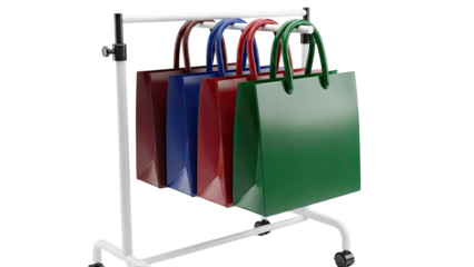 Four Colorful Shopping Bags on a White Display Rack