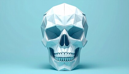 Geometric Skull Sculpture on a Light Blue Background - Modern Art.