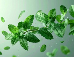 Fresh green mint leaves in motion, perfect for culinary and herbal use, vibrant and aromatic.