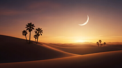 Crescent moon rising over desert sand dunes with palm trees at dusk