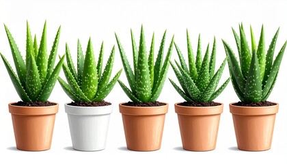 Five Aloe Vera Plants in Terracotta Pots, a Stunning Botanical Display.