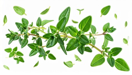 Fresh green thyme sprig with leaves isolated on a white background, culinary herb.
