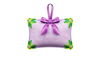 Lavender sachet with purple bow and green leaf trim