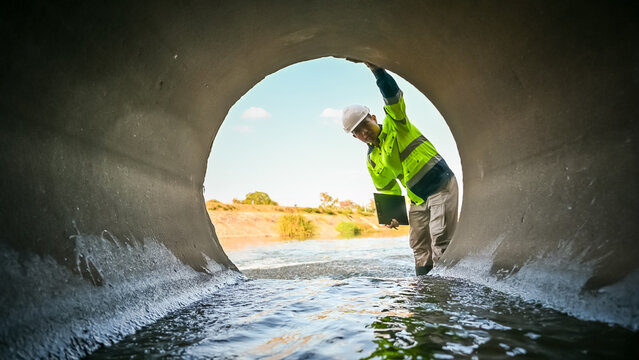 A male water resources engineer is standing in front of a drainage pipe, inspecting it.