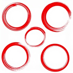 Five red brush stroke circles on white background, artistic design elements.