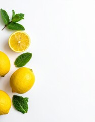 Fresh lemons and mint leaves arranged on a white surface, vibrant and refreshing.