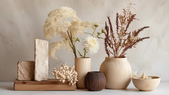 A collection of vases and bowls with flowers and other decorative elements. The arrangement is simple. Sustainable wedding decor, natural materials, soft earth tones, clean elegant composition