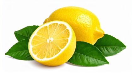 Fresh lemons with green leaves, a vibrant and healthy citrus fruit arrangement, perfect for culinary use.