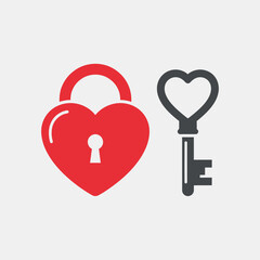 Simple flat vector illustration of a red heart-shaped lock and a gray key side-by-side symbolizing love and connection